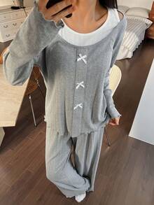 DAZY 女士蝴蝶结装饰针织睡衣套装 - 灰色 - 查看 7