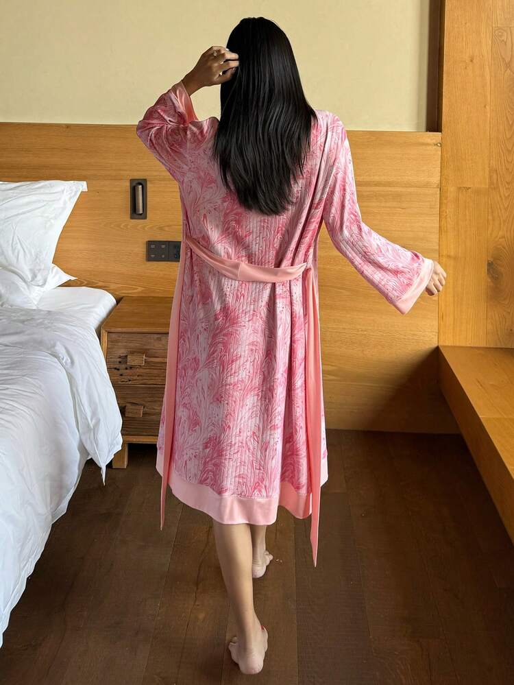 Women's Allover Print & Solid Color Patchwork Bathrobe