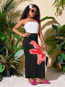 SHEIN Spódnica mini w stylu casual dla nastolatek z tropikalnym nadrukiem i dopasowanym krojem - Koralowy pomarańczowy - Zobacz 5