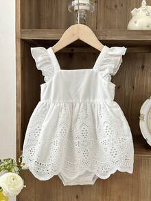 SHEIN LMoss Kids 少女纯色方领荷叶边连体衣 - 白色 - 查看 5