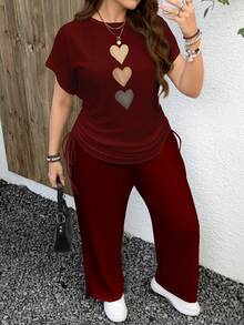 EMERY ROSE Lässiges Leoparden-Muster Outfit in Große Größen, 2-teilig, geeignet für den Sommer - Bordeaux - Übersicht 4