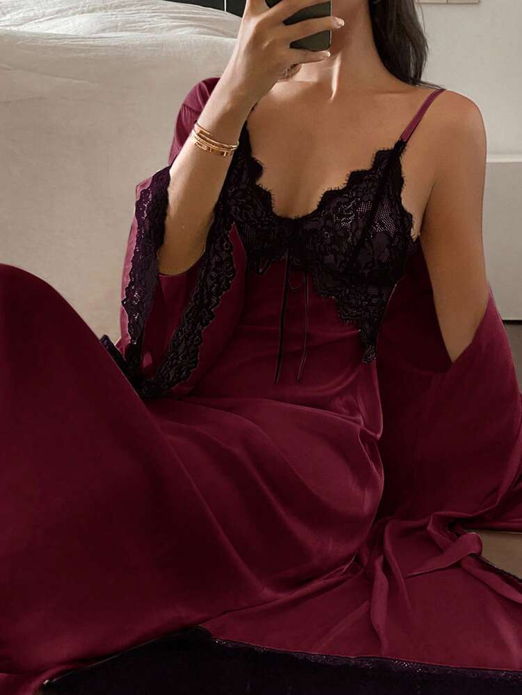 2pcs Women's Sleepwear Set: Contrast Color Lace Patchwork Robe & Slip Dress, Spring