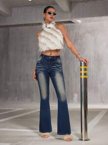 SHEIN BAE Jeans Acampanados Con Efecto Lavado - Azul - Ver 5