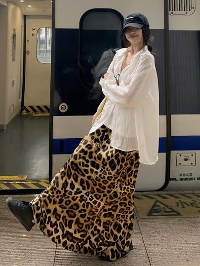 K-Vae Elastic Waist Leopard Print Casual Versatile Skirt