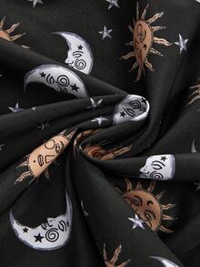 ROMWE Hippie Spring And Summer Fairycore Vintage Forest Style Sun, Moon & Star Print Plus Size Black Dress, Women Long Dress - Black - View 4