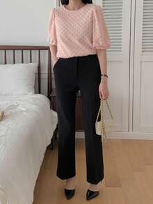 DAZY Women's Plaid Textured Round Neck Pullover Puff Sleeve Elegant Blouse, Suitable For Spring And Autumn - Pink - View 3