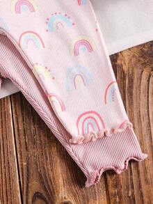 SHEIN LMoss Kids Dozemod Kids Newborn Baby Girl 4pcs Casual Ditsy Floral Ruffle Trim Round Neck Short Sleeve Top And Pants Knit Striped Pajama Set, Summer - Multicolor - View 8