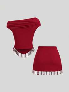 Sweetra Bộ áo thun ôm sát màu đỏ tía và chân váy ngắn xếp ly viền ren đính đá và tua rua dành cho nữ, thích hợp cho mùa xuân/hè, ngày Valentine. - Màu Đỏ Sâu - Xem 2
