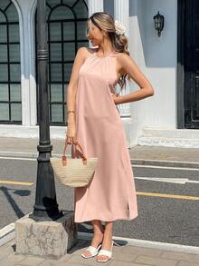 Pariaura 度假休闲摩登休闲露背蝴蝶结裹身连衣裙 - 粉色 - 查看 6