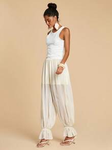 Travachic Women's Casual Apricot Plain Woven Fabric Parachute Long Pants With Ruffle Hem - Apricot - View 6