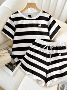 Resyla 复古美式黑白条纹，小马标志印花，女士休闲宽松时尚两件套 - 黑與白 - 查看 3