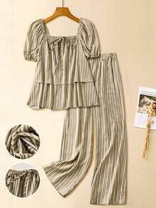 Linhara 大码女式条纹方领蝴蝶结双层下摆短袖上衣和阔腿裤两件套，休闲通勤复古时尚春夏/春秋夏季 - 彩色 - 查看 1