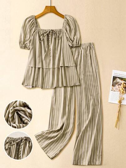 Linhara Plus Size Women Striped Square Collar Bow Tie Front Double Layer Hem Short Sleeve Blouse & Wide Leg Pants 2 Piece Set, Casual Commuter Vintage Chic Spring/Summer, Spring Autumn Summer