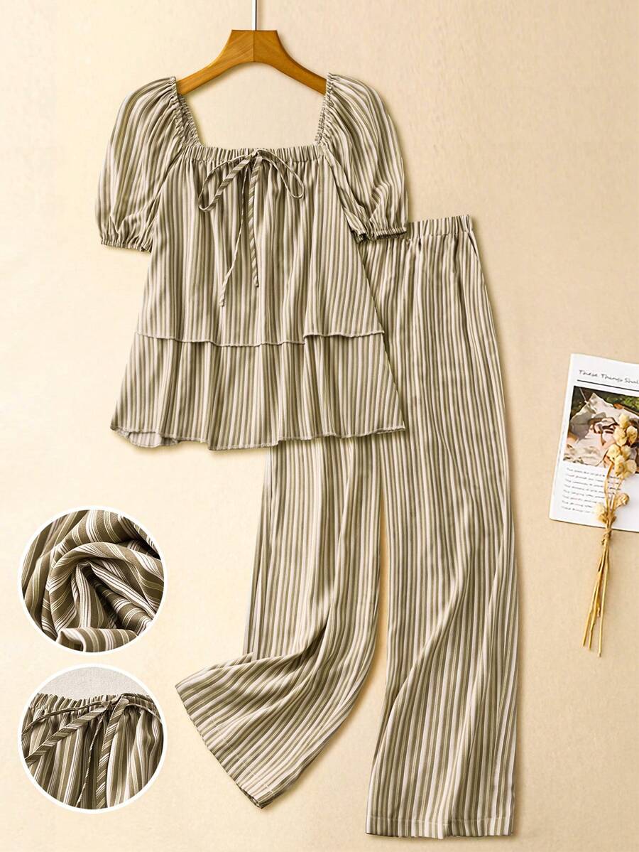 Linhara 大码女式条纹方领蝴蝶结双层下摆短袖上衣和阔腿裤两件套，休闲通勤复古时尚春夏/春秋夏季 - 彩色 - 查看 1