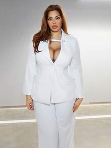 MelDlgn 大码曲线秋冬优雅通勤商务派对大码女士黑色正式腰部西装外套和阔腿裤女士两件套西装商务休闲女装女士西装外套套装女士裤子套装女士裤装套装公司套装女士工作服女士西装 - 白色 - 查看 6