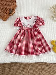 SHEIN Young Girl Young Girl Woven Plaid Round Neck Puff Sleeve Fitted Dress - Red - View 5