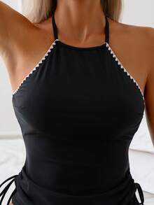 Swim Lushoire 女士纯色休闲比基尼两件式泳衣 - 黑色 - 查看 4