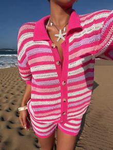 Almamuse 女士基础款时尚度假条纹领镂空极简撞色毛衣夏季罩衫套装 - 彩色 - 查看 3