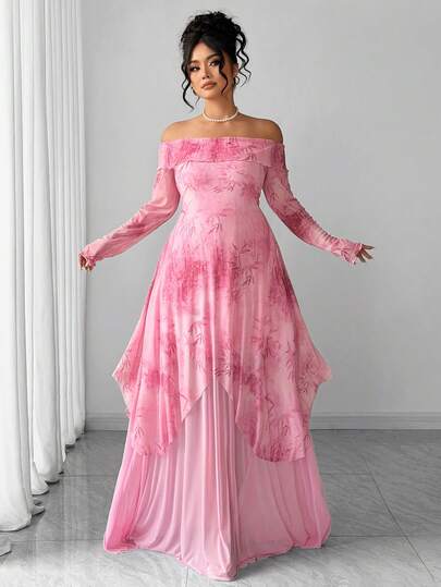 Elenzga Plus Size Women Elegant Pink Knitted Off-Shoulder Long Sleeve Multilayer Mesh Random Floral Digital Print Asymmetrical Hem Maxi Dress