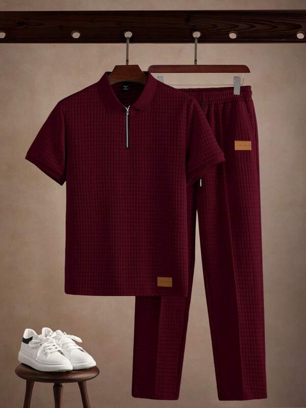 Core Aspect Men's Solid Color Raglan Short Sleeve Waffle Polo Shirt Set Mens Knitted Set Burgundy Outfit Men Casual Two Piece Set Men Mens Co-Ord Set Men 2 Piece Set Red Old Money,Daily Leisure, Weekend Trips, Outdoor Activities, Travel Expeditions, Relaxed Work Environments Or Semi-Formal Occasions,Boyfriend/Husband Gift, Anniversary Gift Christmas Outfits