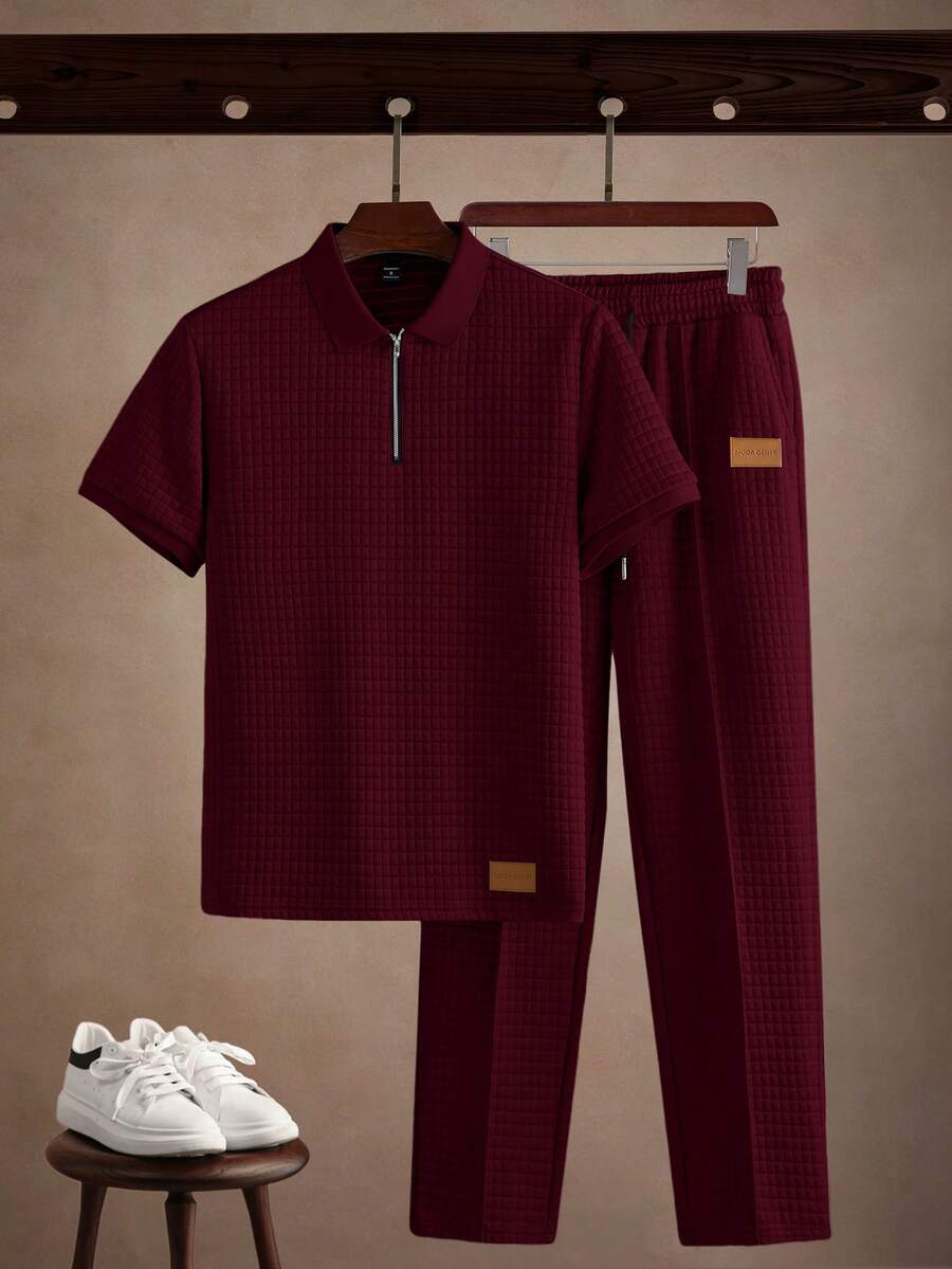 Core Aspect Men's Solid Color Raglan Short Sleeve Waffle Polo Shirt Set Mens Knitted Set Burgundy Outfit Men Casual Two Piece Set Men Mens Co-Ord Set Men 2 Piece Set Red Old Money,Daily Leisure, Weekend Trips, Outdoor Activities, Travel Expeditions, Relaxed Work Environments Or Semi-Formal Occasions,Boyfriend/Husband Gift, Anniversary Gift Christmas Outfits - Burgundy - View 1