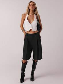 SHEIN Tall CURVE Quần short Bermuda màu đen trơn thời trang dành cho nữ cỡ lớn, dáng suông, cạp cao giúp bạn trông thon gọn và chân dài hơn, phù hợp với phụ nữ cao. Cạp cao giúp bạn trông thon gọn và chân dài hơn, thích hợp cho phụ nữ cao. Phù hợp cho mọi mùa và mọi dịp. - màu đen - Xem 9