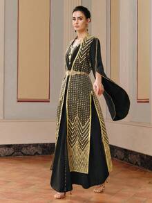 Anewsta Elegante bata negra artesanal con bordado dorado y cuentas, con cintura ceñida 2 en 1 - Negro - Ver 4