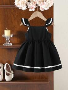 SHEIN Đầm tay ngắn màu đen trắng thanh lịch và dễ thương với nơ thắt cổ cho bé gái - màu đen - Xem 8