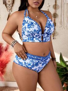 Swim Lushoire 加大码欧美风豹纹吊带珍珠装饰连体泳衣，显瘦 - 藍色 - 查看 4