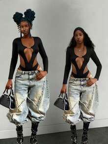 StreetHx 女士纯色镂空设计长袖性感连衣裙 - 黑色 - 查看 1