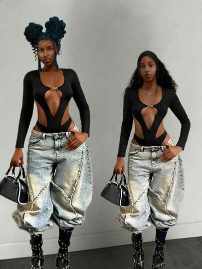 StreetHx Women's Solid Color Cutout Design Long Sleeve Sexy Dress