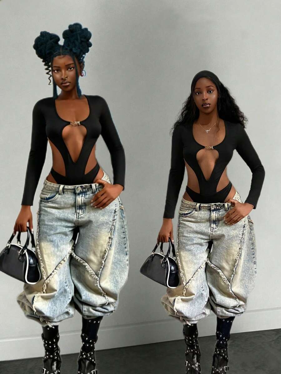 StreetHx 女士纯色镂空设计长袖性感连衣裙 - 黑色 - 查看 1