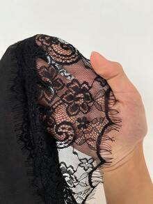 Rustia Plus Size Elegant Satin & Lace Patchwork Asymmetrical Blouse - Black - View 3