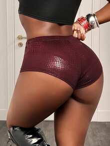 SHEIN BamGlam Quần short da PU ôm sát cạp thấp dành cho nữ - Quần short gợi cảm, thích hợp mặc hàng ngày vào mùa xuân và mùa hè, hoàn hảo cho các bữa tiệc đêm, các cô gái sành điệu trên đường phố và thể hiện phong cách. - Màu Đỏ Sâu - Xem 2