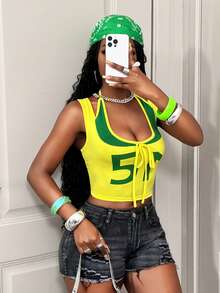 BamGleam 女士撞色字母印花露背吊带背心 - 黃色 - 查看 6