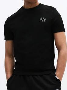 SUMWON Men Slim Fit Crew Neck Short Sleeve T-Shirt With Small Script Logo Chest Print Casual Top Summer - Black - View 4