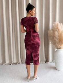 Vestido de manga corta con estampado floral verde para mujer - Burdeos - Ver 6