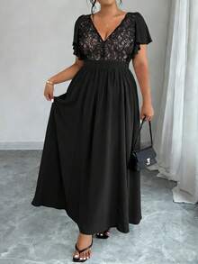 Elenzga Plus Size Women Elegant Lace Ruffle Sleeve Waist Cinched A-Line Split Maxi Dress, Suitable For Party, Wedding, Spring/Summer  Day - Black - View 6