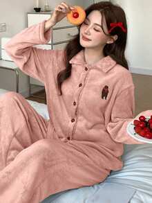 DAZY 2 Stücke/Set Plüschbär Muster bestickte Dekoration Damen Pyjama Set, Winter - Pink - Übersicht 7