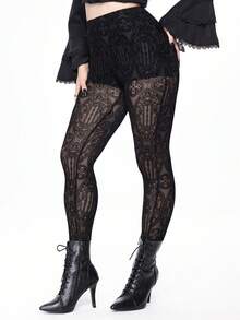 ROMWE Spring/Summer Plus Size Gothic Palace Style Flocked Sheer Leggings  Valentine's Day - Black - View 4