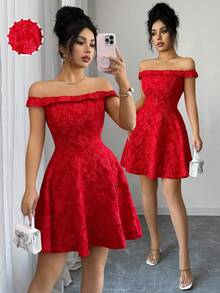 Rafferiza 女士露肩纹理面料A字下摆百搭通勤派对约会优雅年轻女士连衣裙 - 紅色 - 查看 3