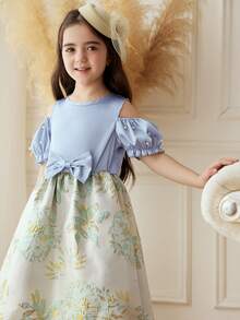 Sommer Neue Mode Elegantes Mädchenkleid, Rundhalsausschnitt Off-Shoulder Kleid mit Perlen, Puffärmel, Taille mit Einsatz, Blume Muster, großer Rock, süßes Prinzessinnenkleid, geeignet für Hochzeit, Party, Aufführung, eleganter Stil - Blau - Übersicht 3
