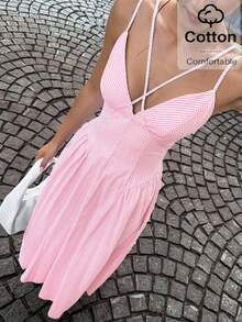 Siren Gaze 女士休闲度假风条纹印花交叉腰带连衣裙，夏季正式场合礼服，女士夏季连衣裙，女士正装，女士优雅经典连衣裙 - 粉色 - 查看 2