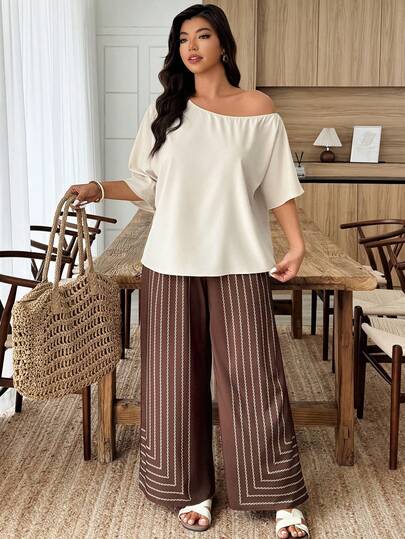 Weeklong Plus Size Women's Floral Print Asymmetrical Shoulder Set, Spring/Summer