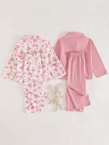 Cozy Pixies 4pcs Baby Girl Floral Print Knit Soft Collared Long Sleeve Top & Elastic Waist Pants Set - Multicolor - View 6