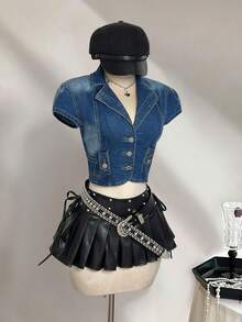 Elamini 女士休闲水洗平领单排扣牛仔夹克，夏季 - 中等水洗藍 - 查看 1