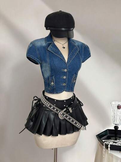 Elamini Women's Casual Washed Flat Collar Single-Breasted Denim Jacket, Summer