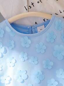 Kleine Mädchen Blaues Blumen Mesh-Ärmelloses Patchwork Kleid, Sommer Kinder Süßes Mini Kleid - Blau - Übersicht 4