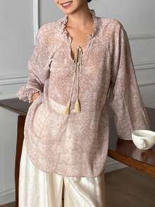 DAZY Women's Floral Print Loose Lantern Sleeve Tassel Tie Elegant Vacation Blouse, Spring/Autumn - Khaki - View 4