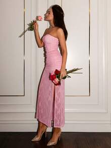 Glamine Women's Pink Lace Strapless Crop Bandeau Top With Matching Split Thigh Skirt Set Elegant Two-Piece Outfit - Pink - View 4